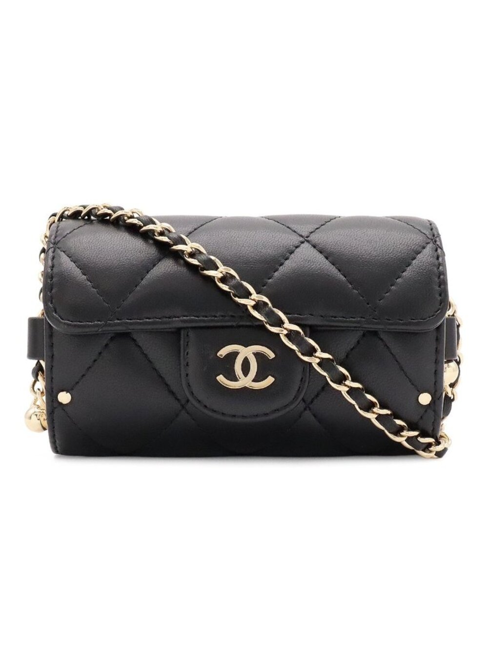 Chanel Quilted Chain Shoulder Bag Pouch Pochette Card Case Leather Black Gold
